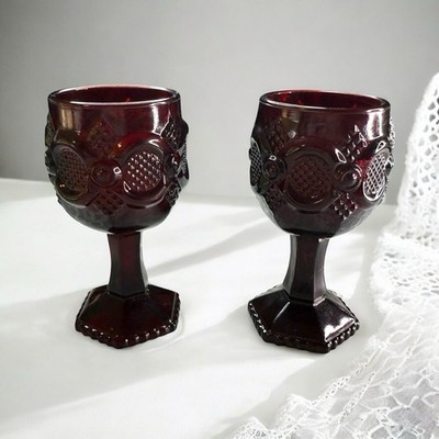 Avon Ruby Red Cape Cod 1876 Wine Glass Pair Goblets Small Juice Glasses Set 2