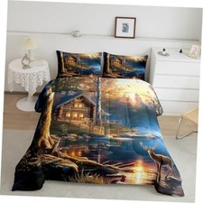 Hunting Lodge Size Comforter Set,Wild Deer Animal Hunter Cabin Full Multi 08