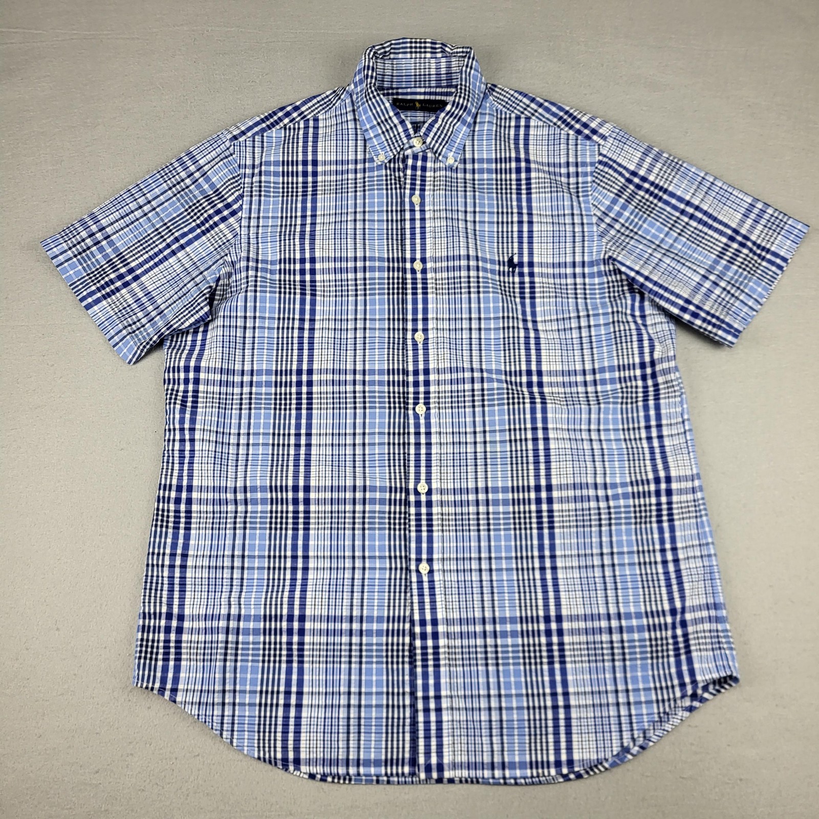 Ralph Lauren Shirt Mens Large Blue Plaid Button Down Short Sleeve Seersucker