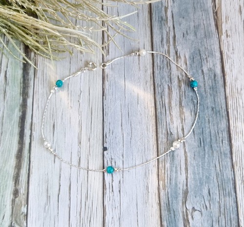 925 Sterling Silver Anklet – Blue Turquoise & Pearl Ankle Bracelet Chain - Picture 5 of 8