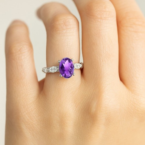 Amethyst &Diamond Solitaire Women Ring Solid 14K Gold February Birthstone #1021 - Picture 17 of 19