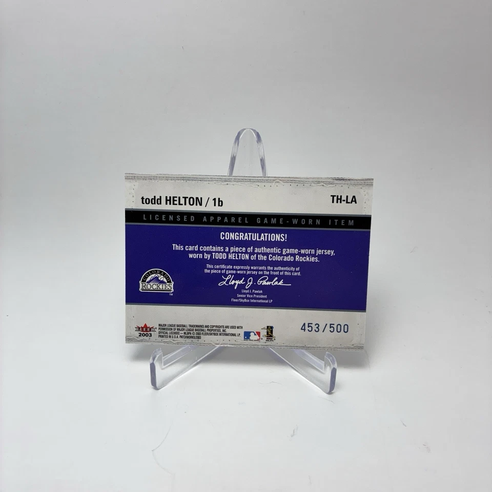 2003 Fleer Patchworks Licensed Apparel /500 Todd Helton #TH-LA HOF - Image 2 of 2