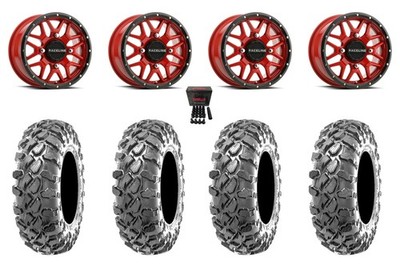 Raceline Krank 14'' Wheels Red 27'' Workzone Tires Yamaha Wolverine RMAX