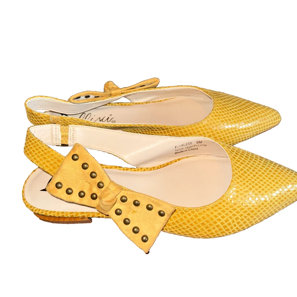 复古 Bellini 露背尖头鞋 尺寸 6 M 黄色蛇皮印花蝴蝶结 — 第 3/4 张图片