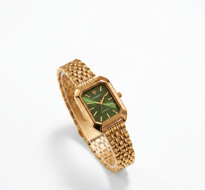 Damenuhr eckig Quarz elegant minimalistisch Edelstahl Gold Grün 
