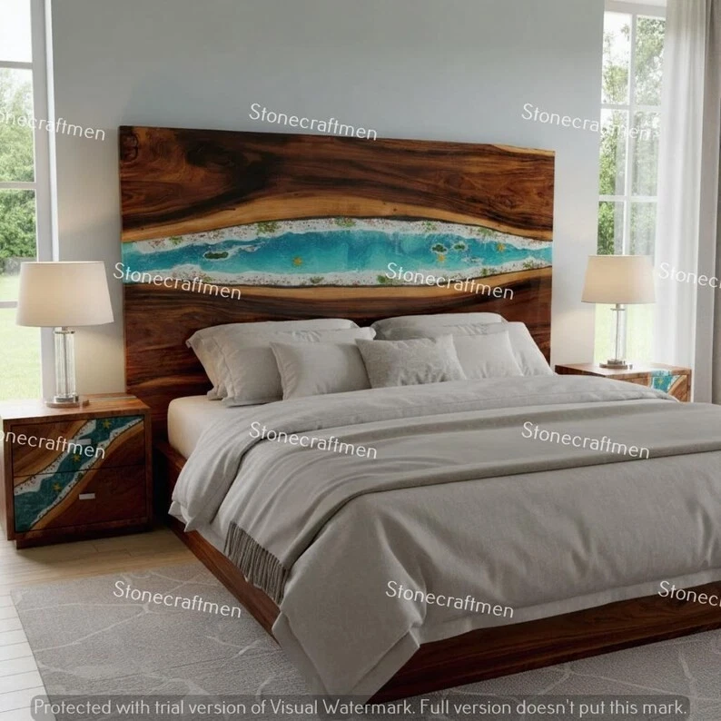 Handmade Ocean Epoxy Headboard | Live Edge Wood, Coastal Decor - Image 2 of 4