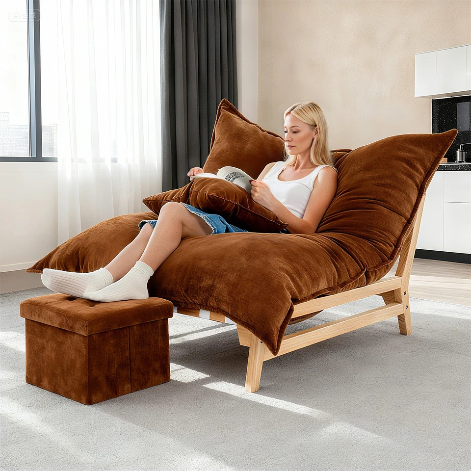 Chaise Lounge Chaise de Gran Tamaño NAIZEA Silla Grande Bolsa de Frijoles y Almohada y Otomana Foto 3 de 4