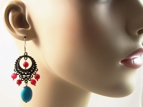 US Seller TURQUOISE EARRING fashion vintage BLUE Dangle Long Light red beads - Picture 2 of 2