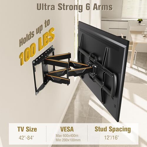 TV Wall Mount, UL Listed Full Motion Mount Bracket for 42-84 Inch Flat Black - Afbeelding 3 van 7