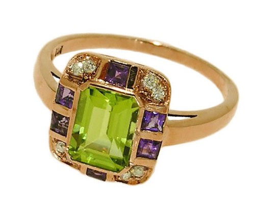 R285 REAL 9K Gold Natural Peridot Amethyst Diamond Ring Suffragette in yr size - Picture 9 of 10