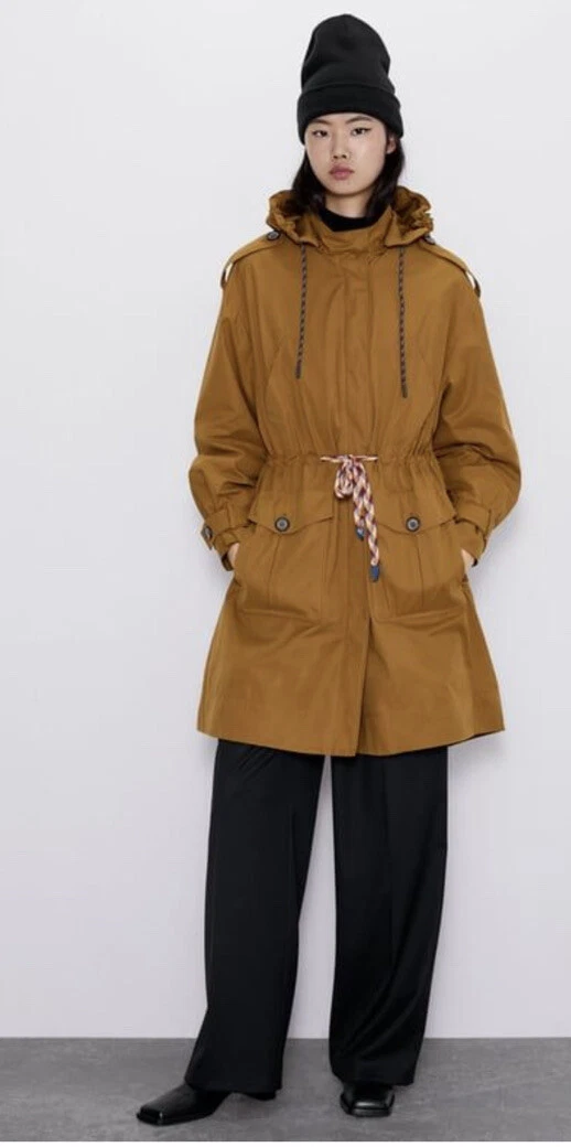 Zara Drawstring Waist with Pockets Hooded Tan Trench Coat NWT S 120 Sold Out