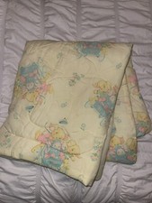 Vtg Baby Blanket Quilt Comforter Crib Silky Dog Puppy Print Yellow