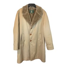 70’s Orvis Long Overcoat Men Size 40 Faux Fur Collar Lined Tan Brown USA Made