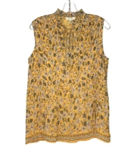 Max Studio Floral Tie Neck Pleated Sleeveless Top Women's Medium Yellow Lined