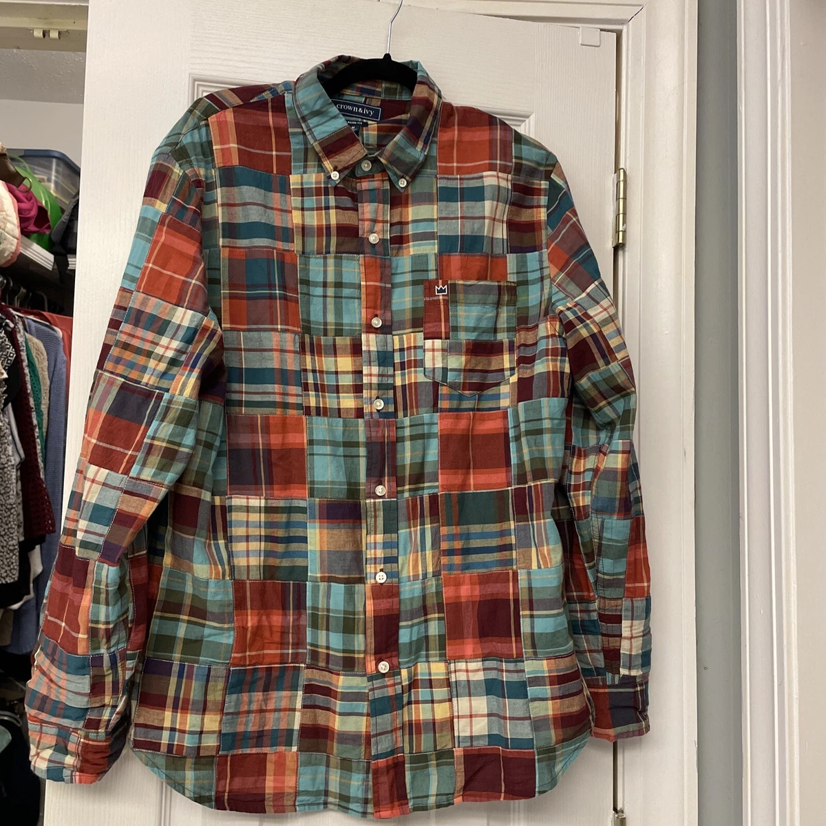 Crown & Ivy Colorful Men's Madras Plaid Long Sleeve Shirt. M