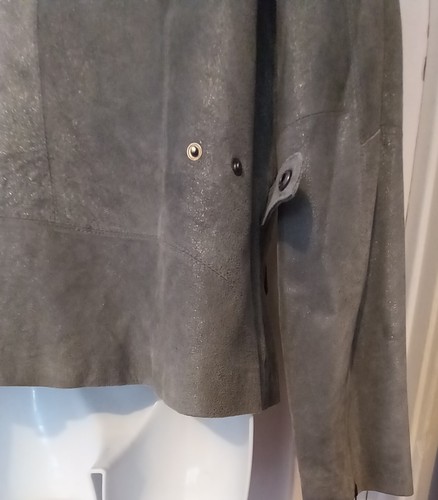 ALFANI Petites Gray Suede Leather Moto Zip Jacket, Subtle Sparkles, Pockets, Med - Picture 4 of 10