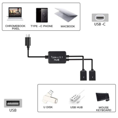 Type C Usb 3.1 Male To Dual 2.0 Female Otg Charge 2 Port Hub Cable Y Splitter