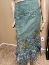 Women  s Aquamarine Cotton Casual Beaded Lace Ruffle Zip Size S 4-6 Skirt SK 708