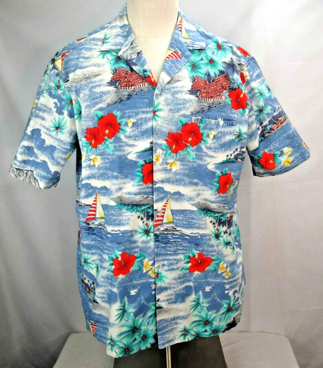 Mens Royal Creations Hawaiian Shirt Sz L Blues Palm Trees Huts Floral Button EUC