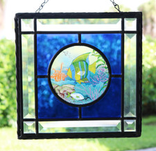 Phenomenal STAINED Art Glass SUN CATCHER Tropical FISH Aquarium Scene BEVELED