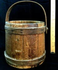 Primitive Wood Firkin Sugar Bucket VTG 19th Century Pail Oak Bentwood Handle 14"