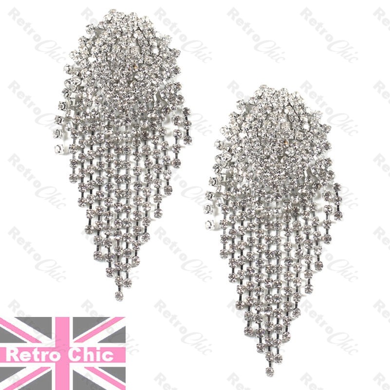 PENDIENTES ENORMES DE 4,5" de largo años 80 RETRO BRILLO plata estrás CRISTAL CRISTAL DE VIDRIO grandes grandes grandes