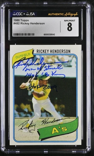 1980 Topps #482 Rickey Henderson inscribed signed auto RC card CGC JSA 8