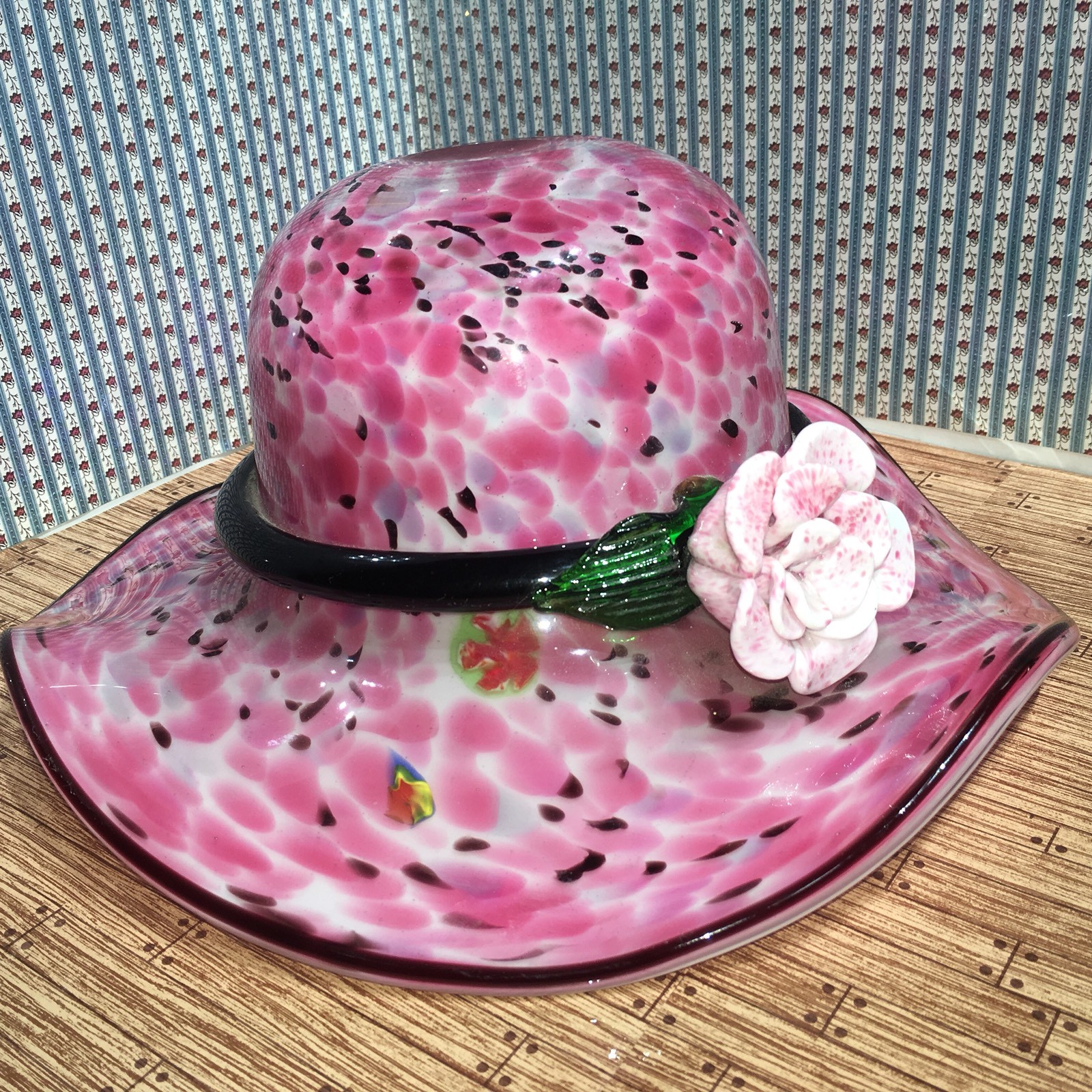10” Blown Glass Hat Bowl Floral Pink White Green Handmade Pretty Artist