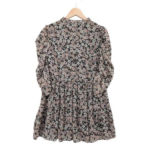 Tart Floral Mini Dress Black Multicolor 3/4 Sleeve Pleated Keyhole Neck Size XS - Picture 2 of 12