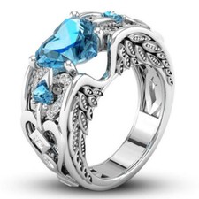 Elegant 925 Sterling Silver Blue Heart Topaz Wedding Engagement Ring Size 7.5