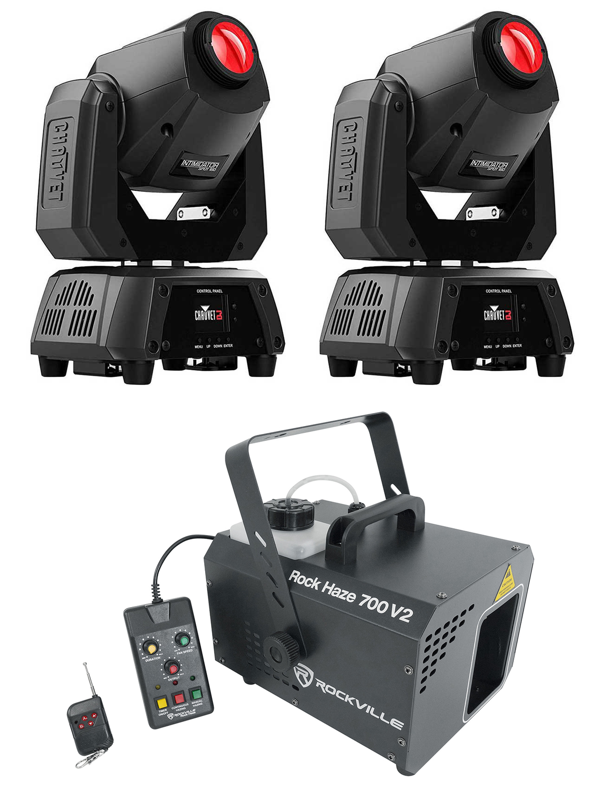 (2) Точечные светильники Chauvet DJ Intimidator Spot 160 мощностью 60 Вт с движущимся головным лучом DMX + Машина для создания дымки
