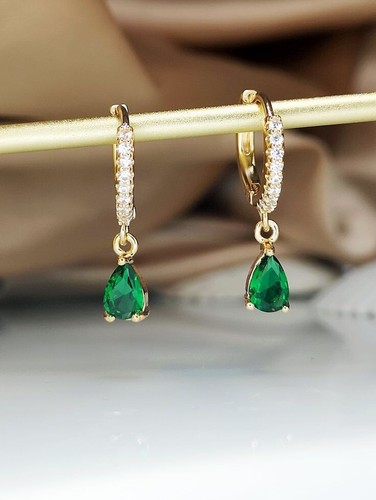 Classy Simulated Emerald & Moissanite Women's Hoop Earrings In 10K Yellow Gold - Picture 2 of 5