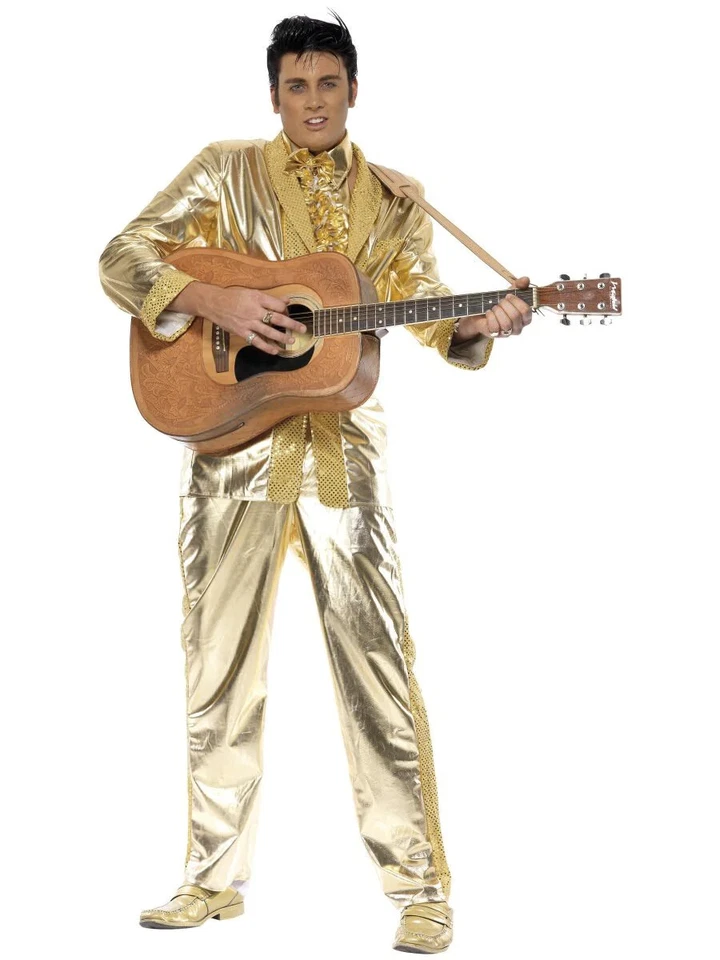 TRAJE COJO DORADO CON LICENCIA ELVIS PRESLEY 3 PIEZAS DISFRAZ DE ESMOQUIN ROCK'N'ROLL PARA HOMBRE ADULTO ESTRELLA Foto 2 de 4