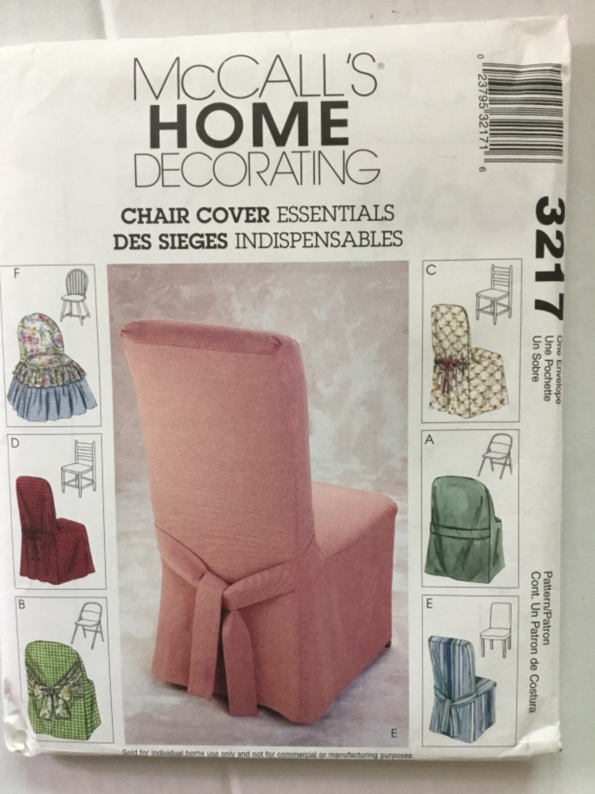 UNCUT McCalls 3217 Sewing Pattern Chair Covers 6 Designs Home Decor