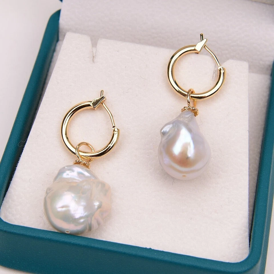 Cultured White Keshi Baroque Pearl Stud Earrings Gold Plated Hook Classic Lady - Image 4 of 4