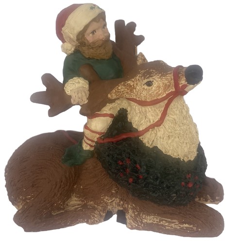 Vintage Carolyn Carpin Weihnachtselfe reitend Rentier The Storybook Collection 1989
