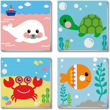 4 Pack Framed Paint by Numbers Kit for Kids,Cute Sea Animals Painting Kits for A
