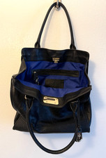 Cole Haan Valise Kendra Classic Satchel Tote Bag Black Leather Blue Liner Purse