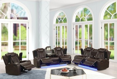 NEW LED 3PC Sofa Loveseat Chair Recliner Set Brown Leather Bluetooth Speaker