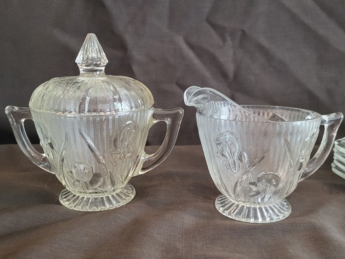 Vintage Jeannette Glass Iris &Herringbone Footed Sugar/Creamer/Cup/Saucer Set - Picture 3 of 23