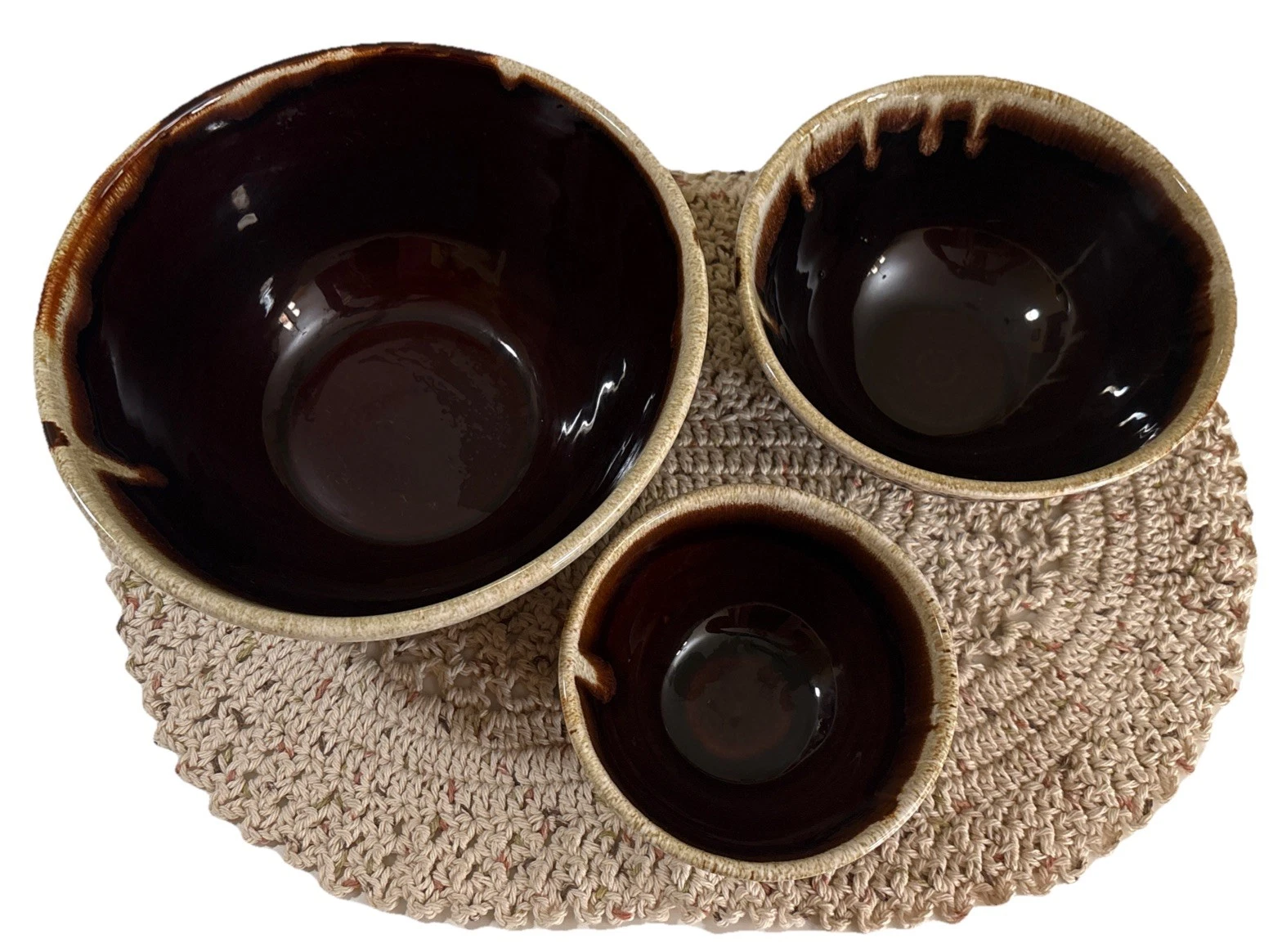 Vtg 3-Pfaltzgraff Brown Drip Glaze 10”-8”-6” OvenProof Bowls 🇺🇸 Displayed Only