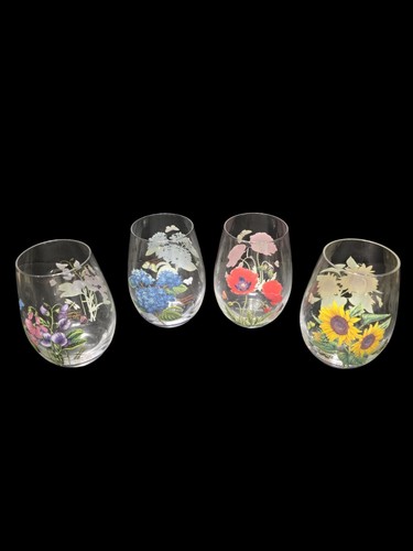 Portmeirion Botanic Garden Stemless Wine Glass 5" Set of 4 Flowers Butterflies - Picture 2 of 18