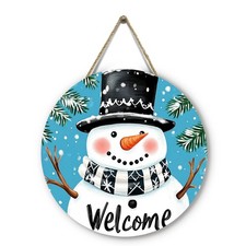 Winter Snowman Welcome Door Sign for Front Door Blue Snowman Snowflakes Woode...