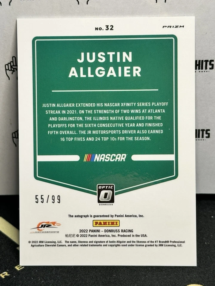 2022 Panini Donruss Optic Auto Racing #32 Justin Allgaier Silver Prizm Auto /99 - Image 2 of 2