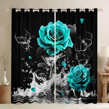 Teal Rose Window Curtains for Bedroom Living Room Romantic Floral Blossom Cur...