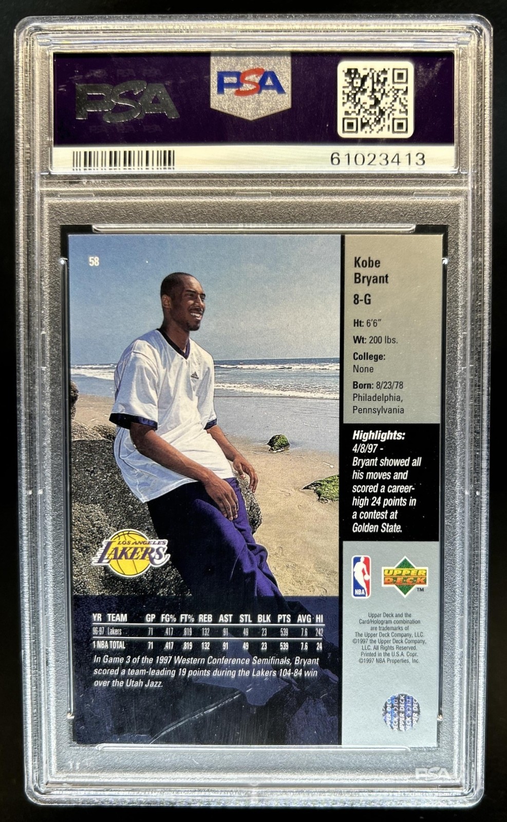 1997-98 Upper Deck Kobe Bryant #58 Lakers PSA 6 view 2