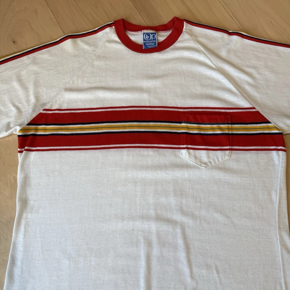 Camisa De Colección Ocean Pacific L Multicolor Rayas Años 80 Surf Ropa Deportiva California Foto 3 de 4