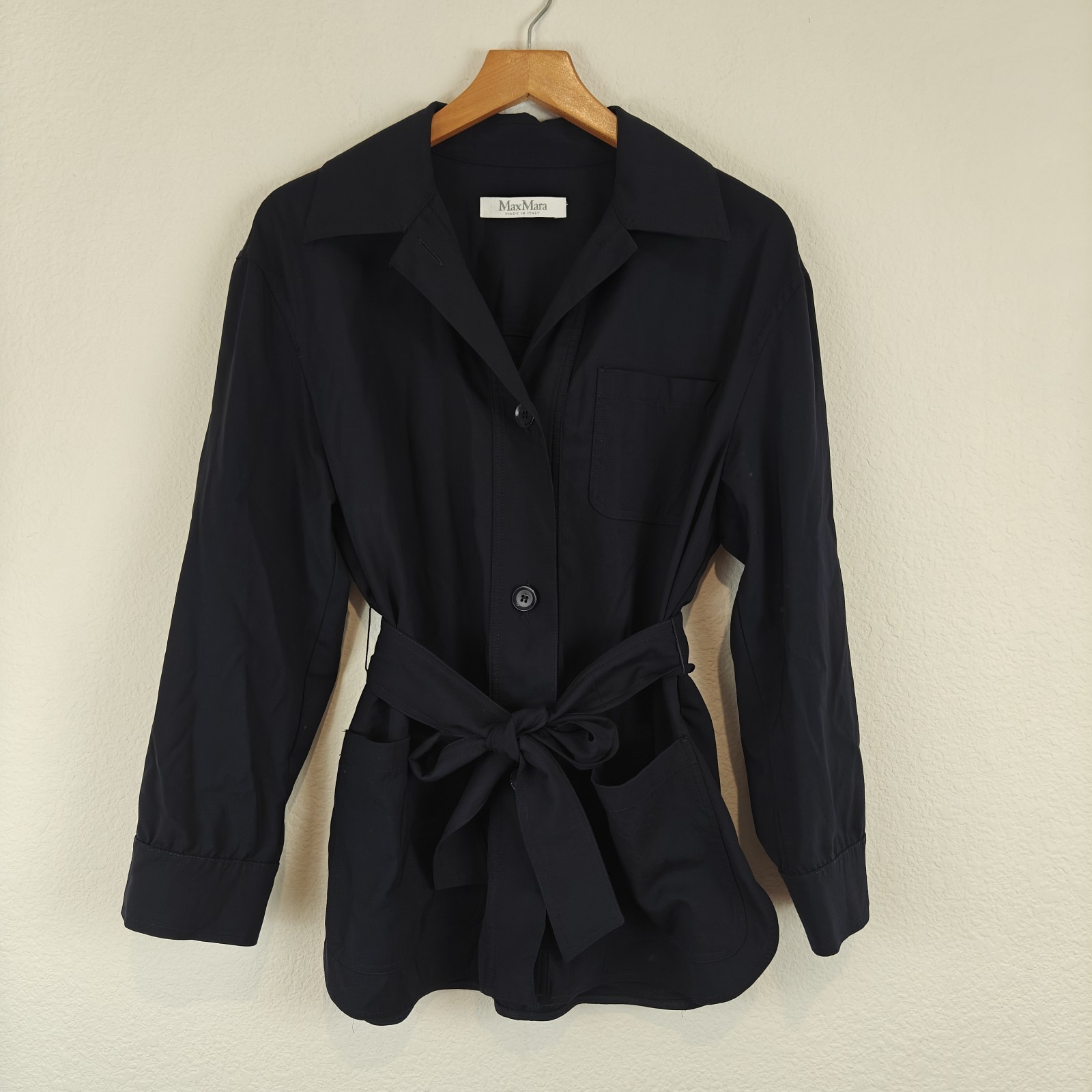 Max Mara Navy Wool Curve Button Belted Jacket Size 2 Women's image 5