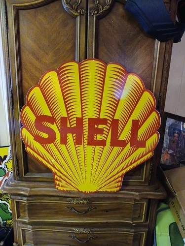 LARGE Vintage SHELL Die Cut Clam Logo Porcelain Metal Oil Gas Pump Double Sided