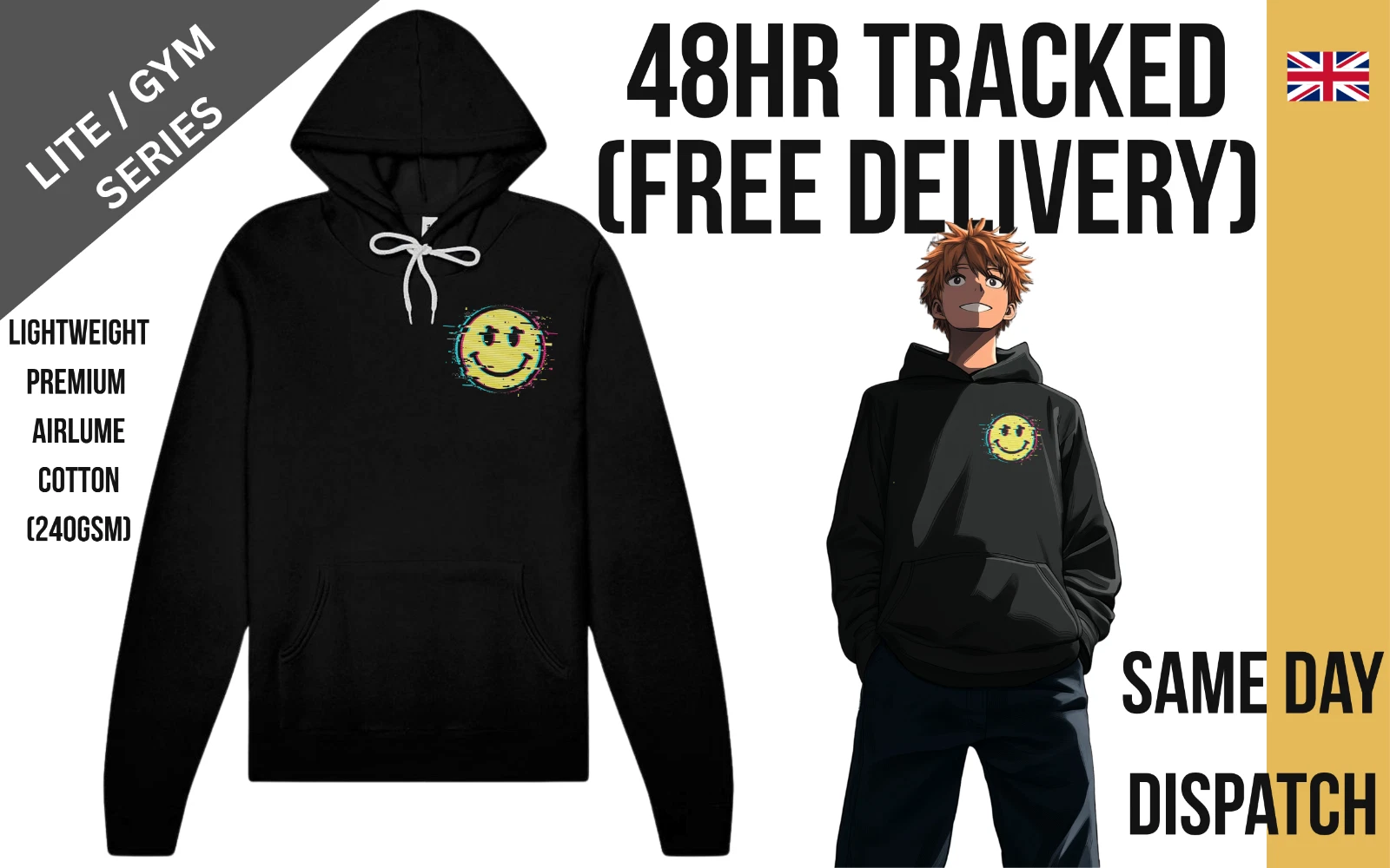 Glitch Smiley Hoodie Lightweight Gym Pump Cover Retro 90s Acid Rave Graphic Top